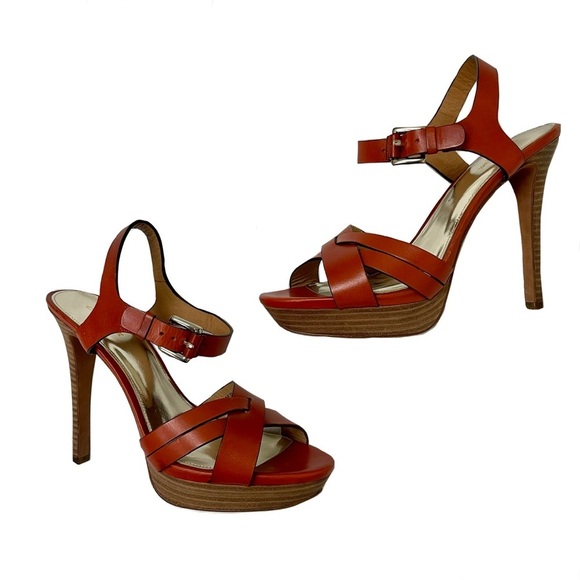 Coach Orange Leather Wood Block Platform Boho Chic Summer Heels 9/39 - Picture 1 of 8